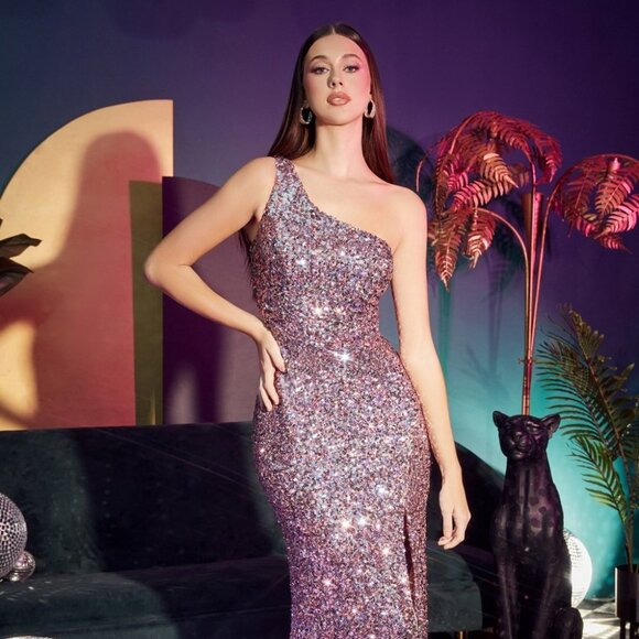 NEW ONE SHOULDER SLEEVELESS EMBROIDERED SEQUIN DRESS WITH ZIPPER BACK CD CH118